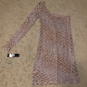 One sleeve beige w/ gold/silver glitter dress